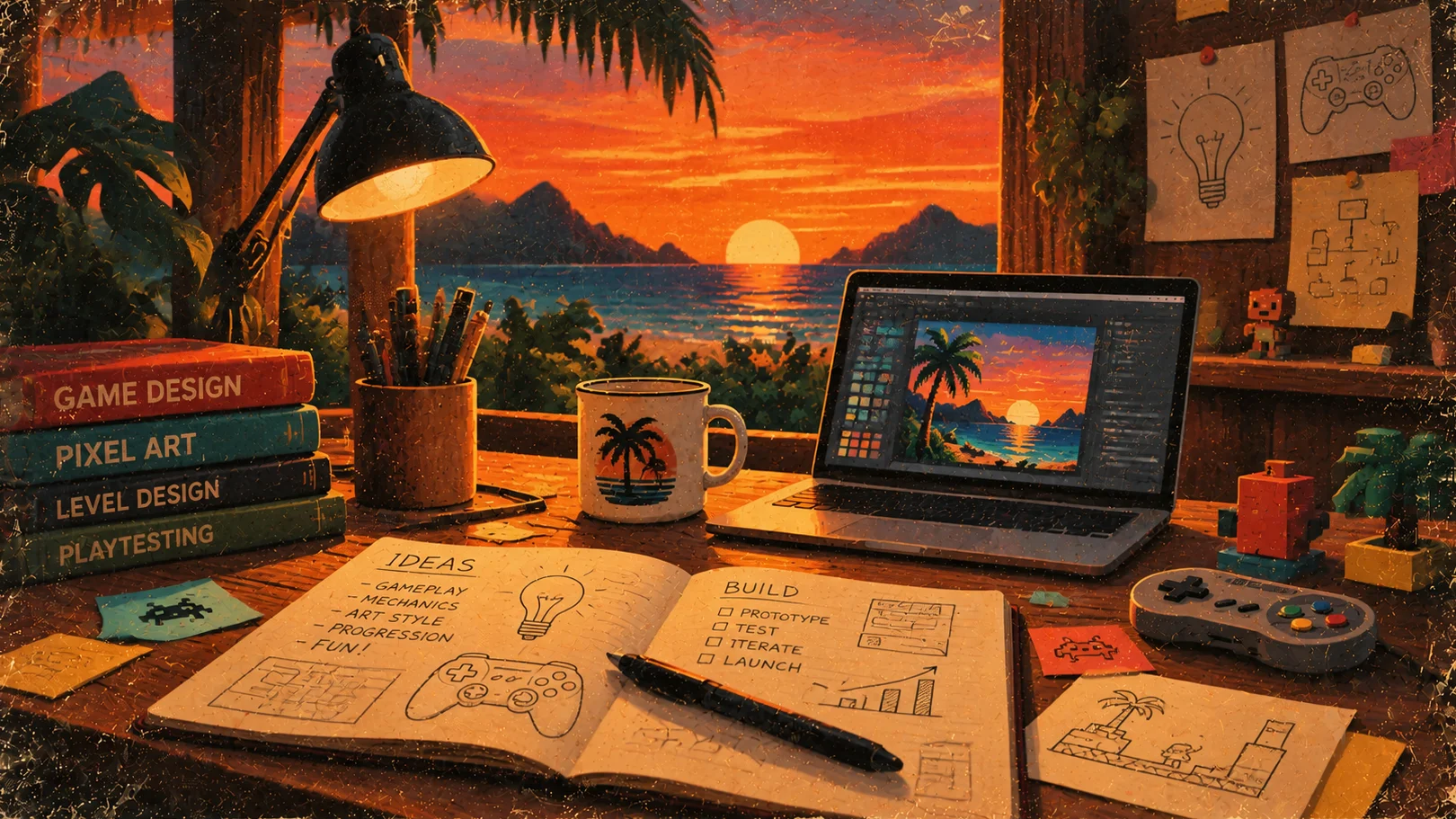 Game design workspace overlooking a tropical sunset